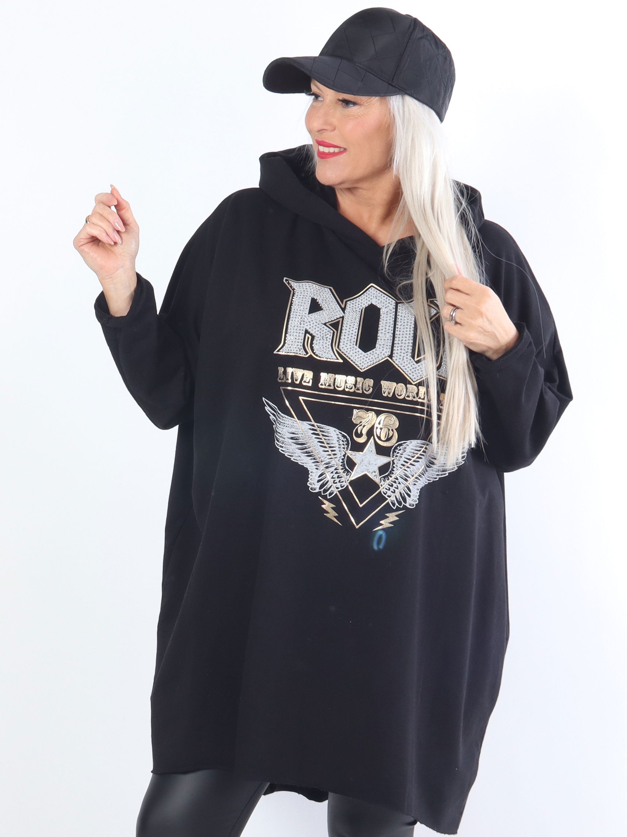 Rock - Cool klänning i stora storlekar med huva och text